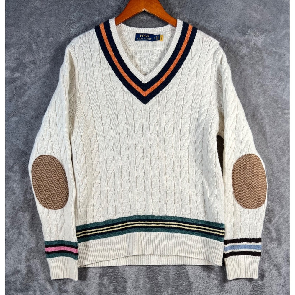 Polo Ralph Lauren Cricket Sweater Mens Medium Elbow Patch Cable Knit Alpaca Blnd